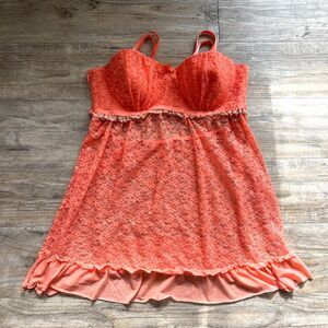 Vintage Baby Doll Lingerie XL Lace Coral Orange Unique Sleepwear